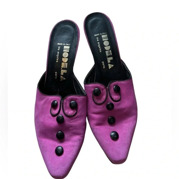 Lavorazione Artigiana Shoes - Vintage Lavorazione Artigiana Italian Pink Suede Mules Button Detail Size 7
